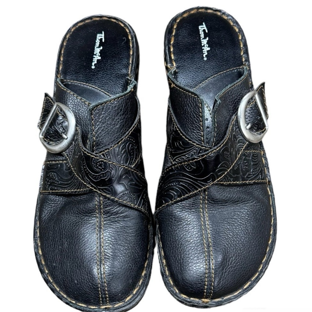 Thom McAn Black Leather Buckle Clog Mules